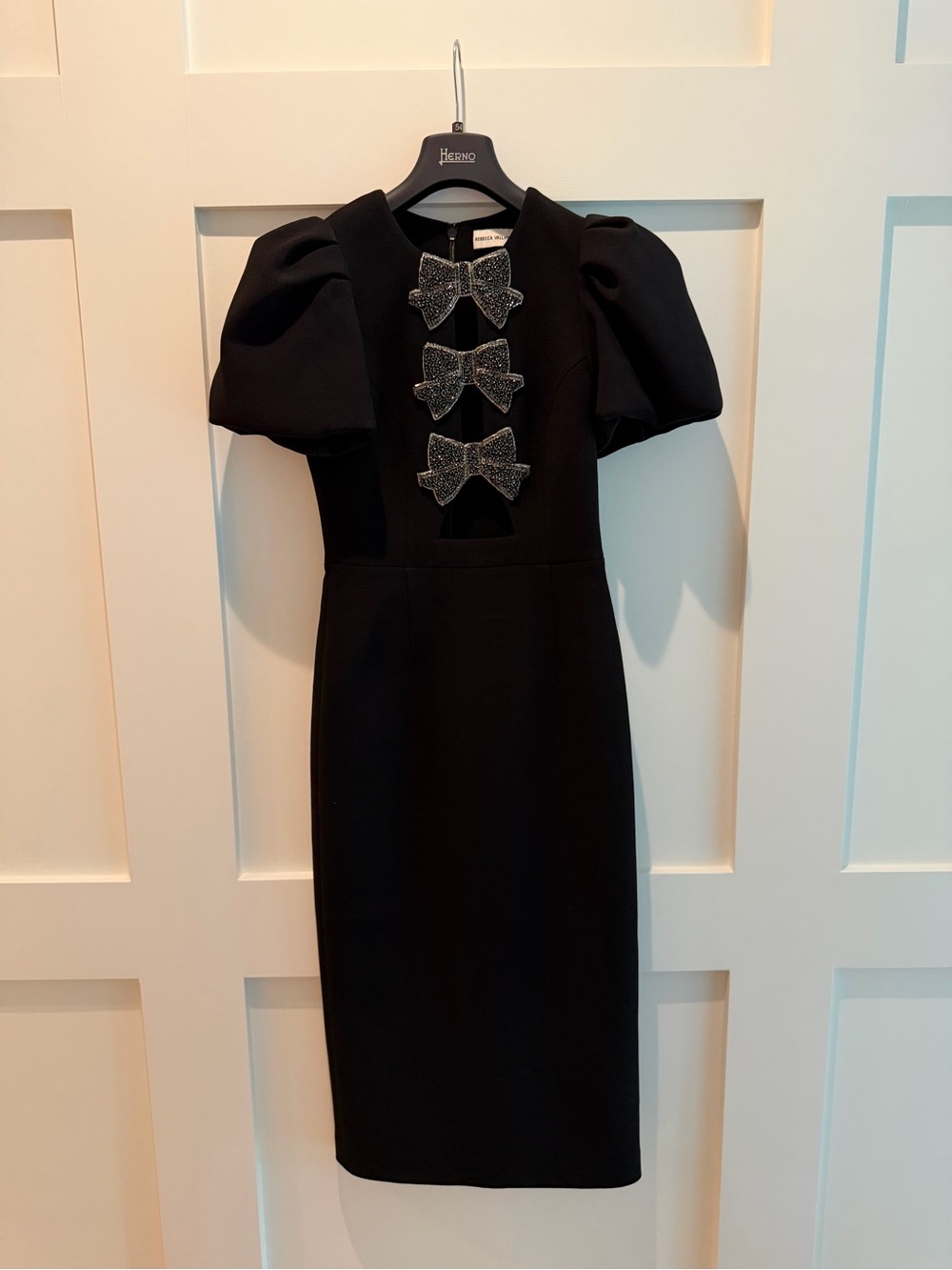 Rebecca Vallance Black Midi Dress with Embellished Bows- size US 4